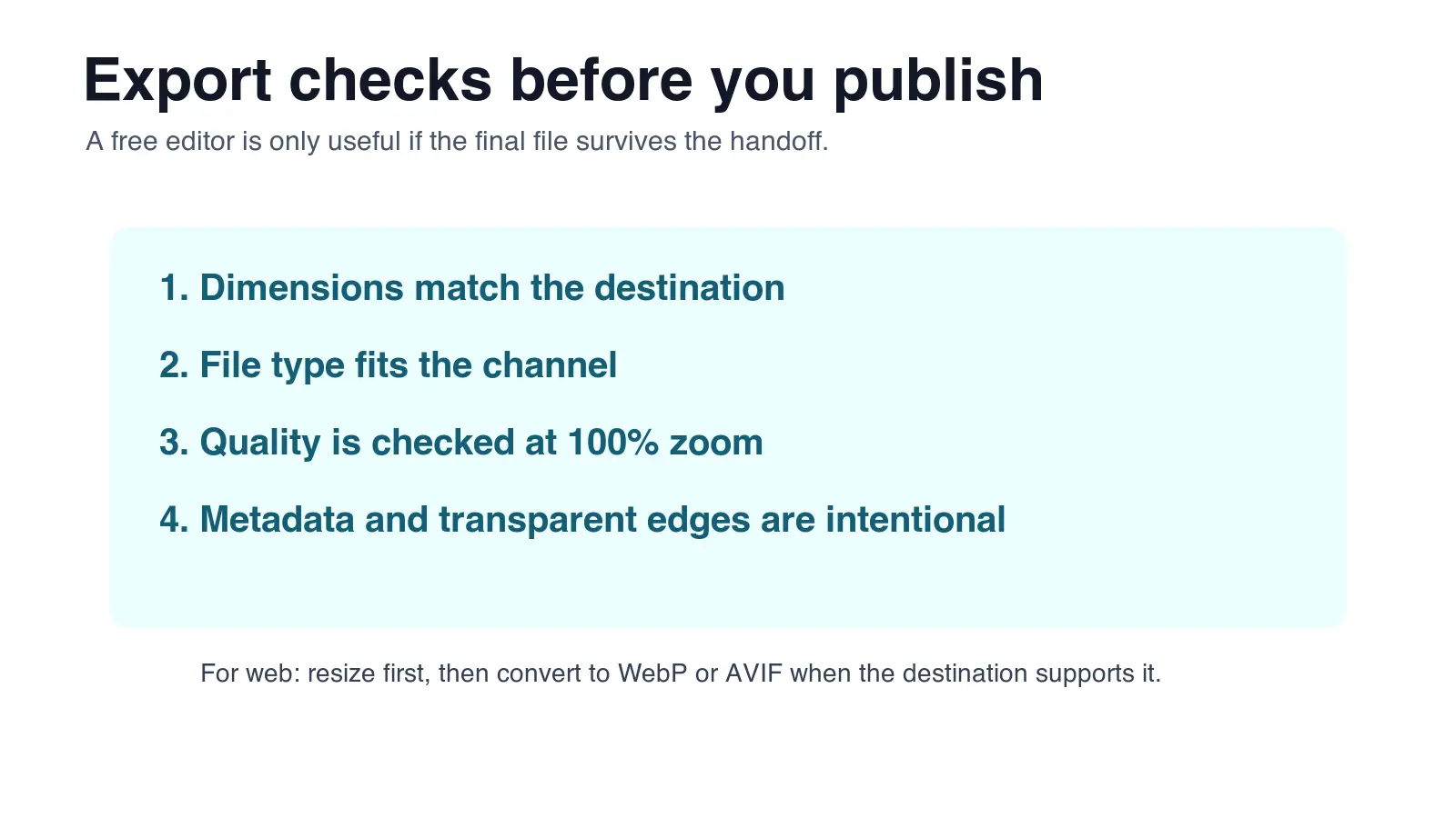 Checklist graphic showing export checks for dimensions, file type, zoom quality, metadata, and transparency