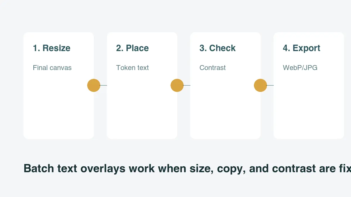 Four-step workflow diagram for resizing, placing text, checking contrast, and exporting image copies