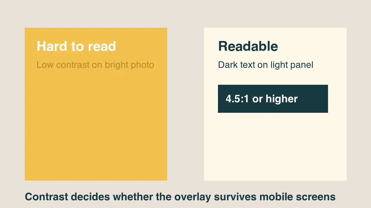 Side-by-side contrast example showing low-contrast text versus readable dark text on a light panel