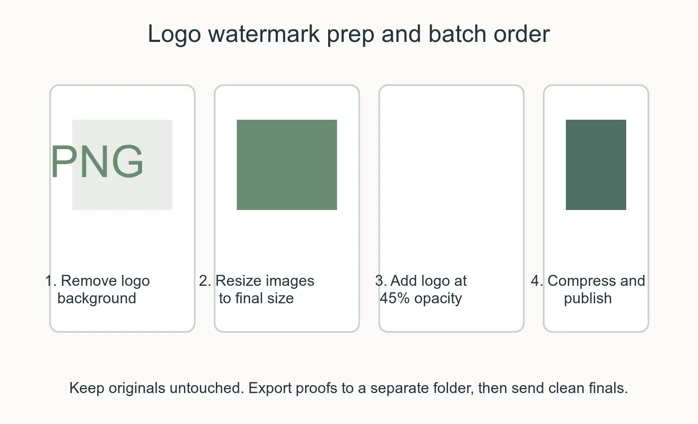 Four-step workflow showing logo background removal, image resizing, watermark overlay, and final compression
