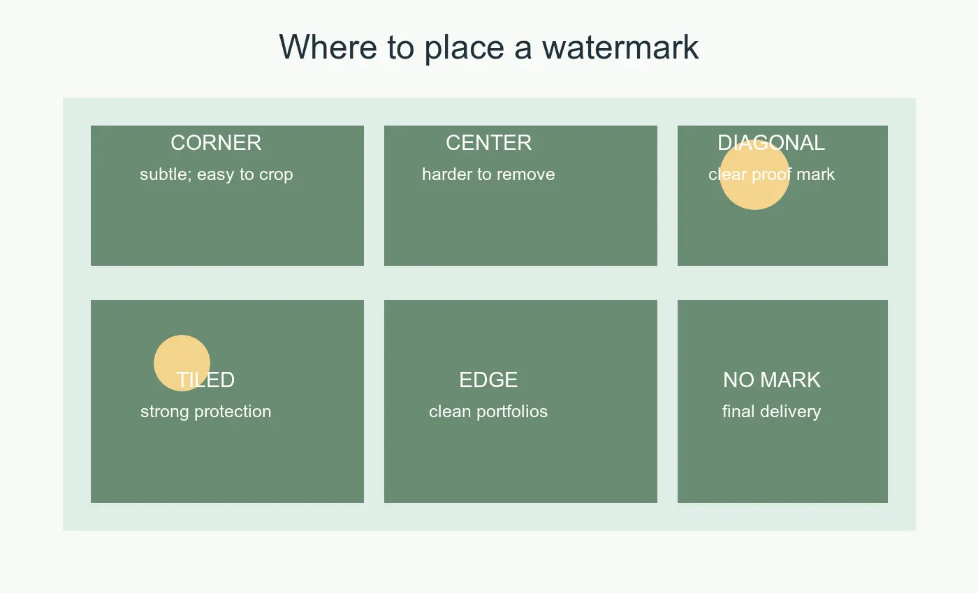 Six watermark placement options showing corner, center, diagonal, tiled, edge, and clean final delivery choices