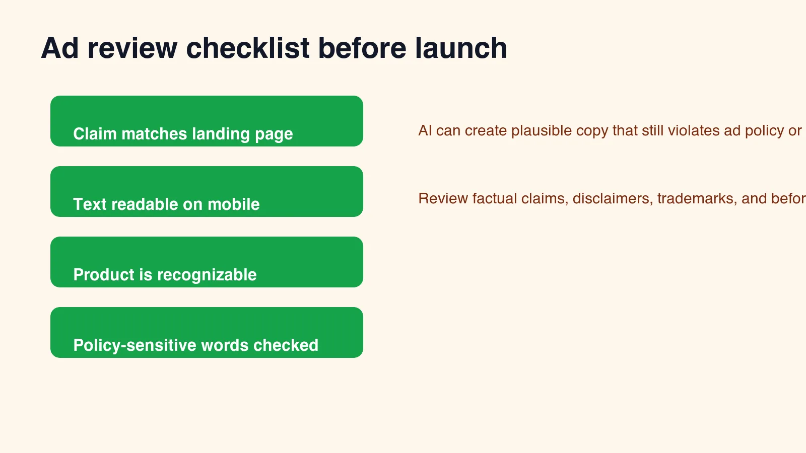 Ad review checklist covering claim accuracy, mobile readability, product recognition, and policy-sensitive words