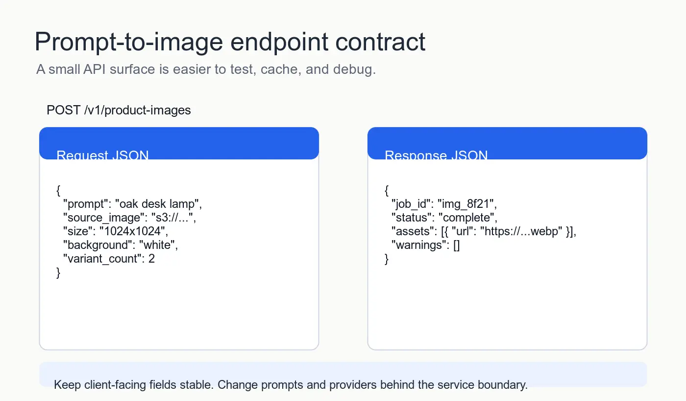 Prompt-to-image API request and response contract showing stable JSON fields for an image generation endpoint