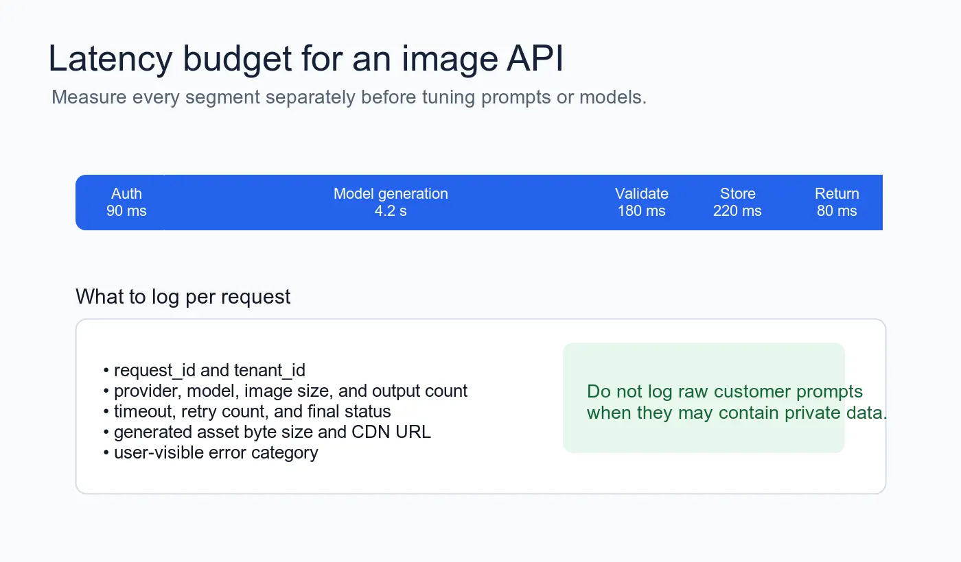Latency budget for an image API showing auth, model generation, validation, storage, and response timing
