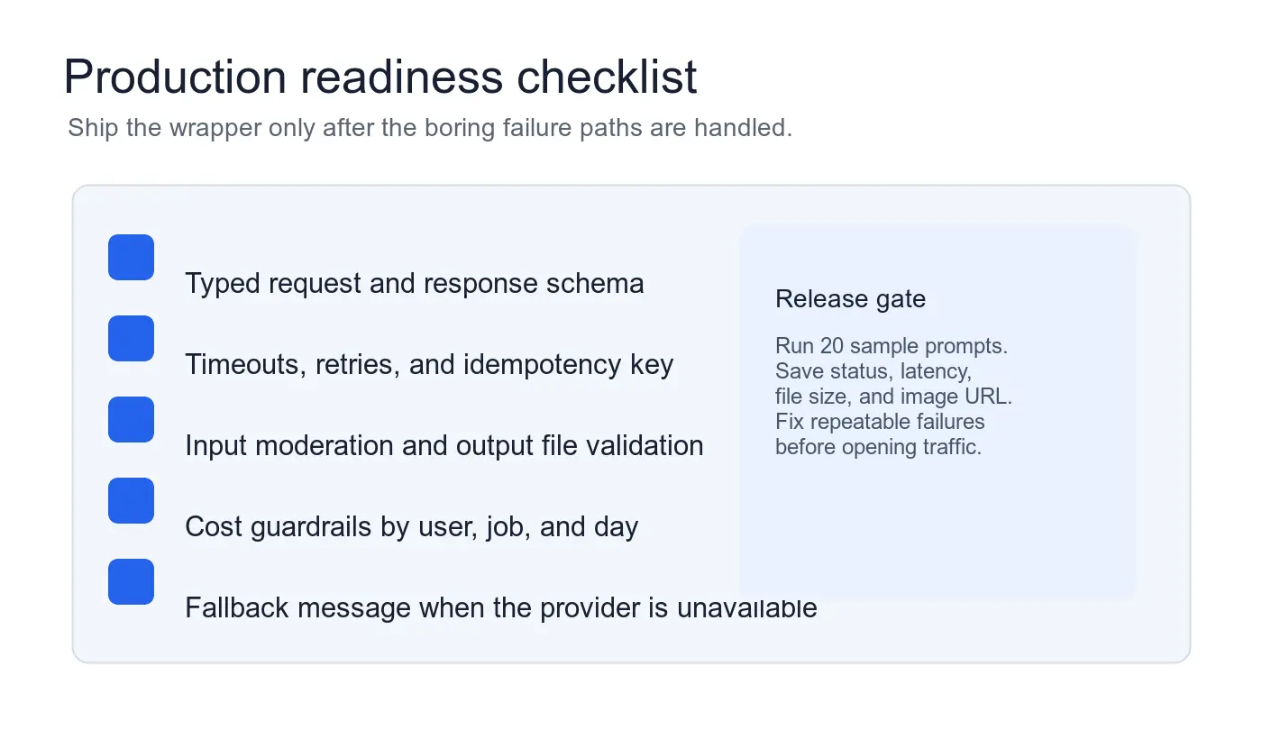 Production readiness checklist for an AI image API with schema, retries, validation, cost controls, and fallback messaging