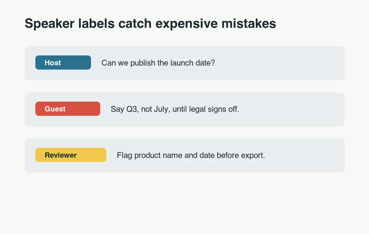 Transcript excerpt with host, guest, and reviewer labels showing where product names and dates need review