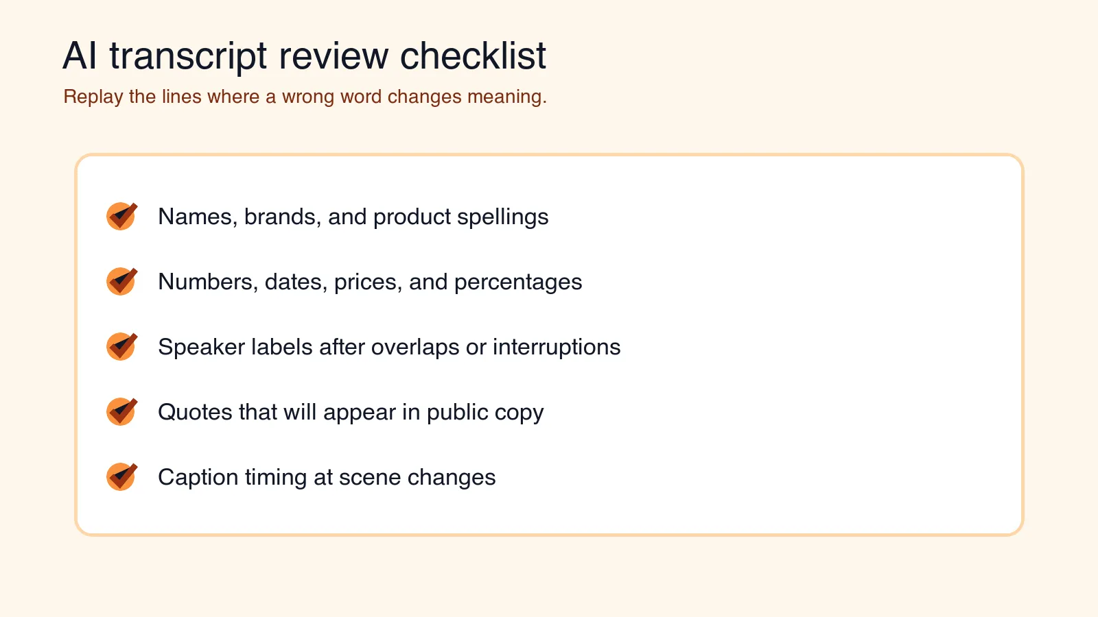 Transcript quality checklist with highlighted fields for names, numbers, timestamps, and speaker labels