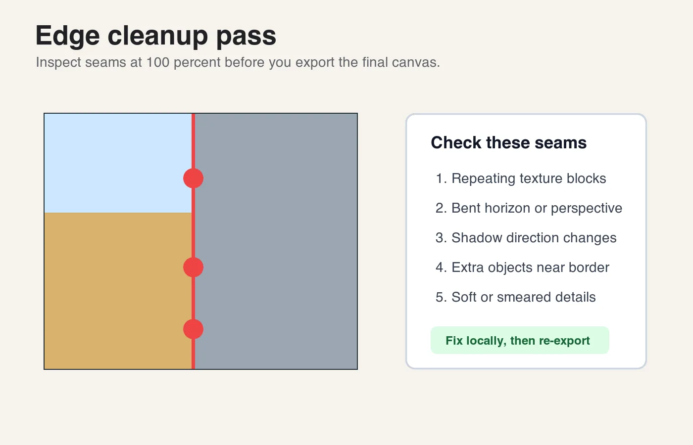 Checklist graphic highlighting seam problems such as repeated textures, shadow shifts, and bent perspective lines