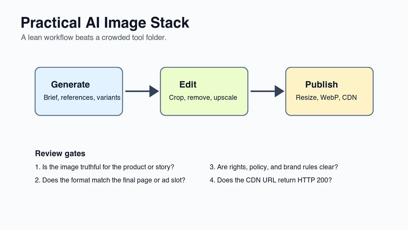 Diagram showing a practical AI image workflow from generation to editing to publishing