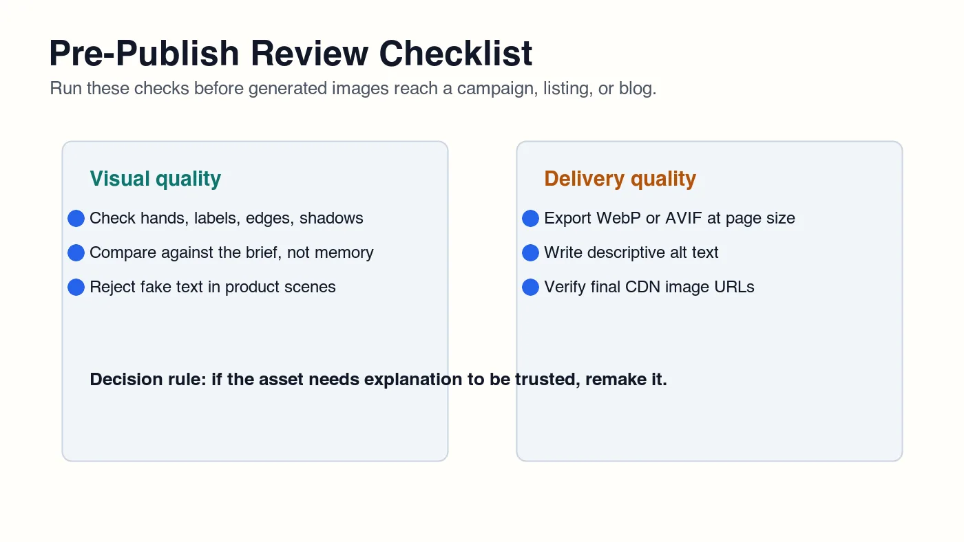 Checklist graphic listing visual quality and delivery checks for AI images before publishing