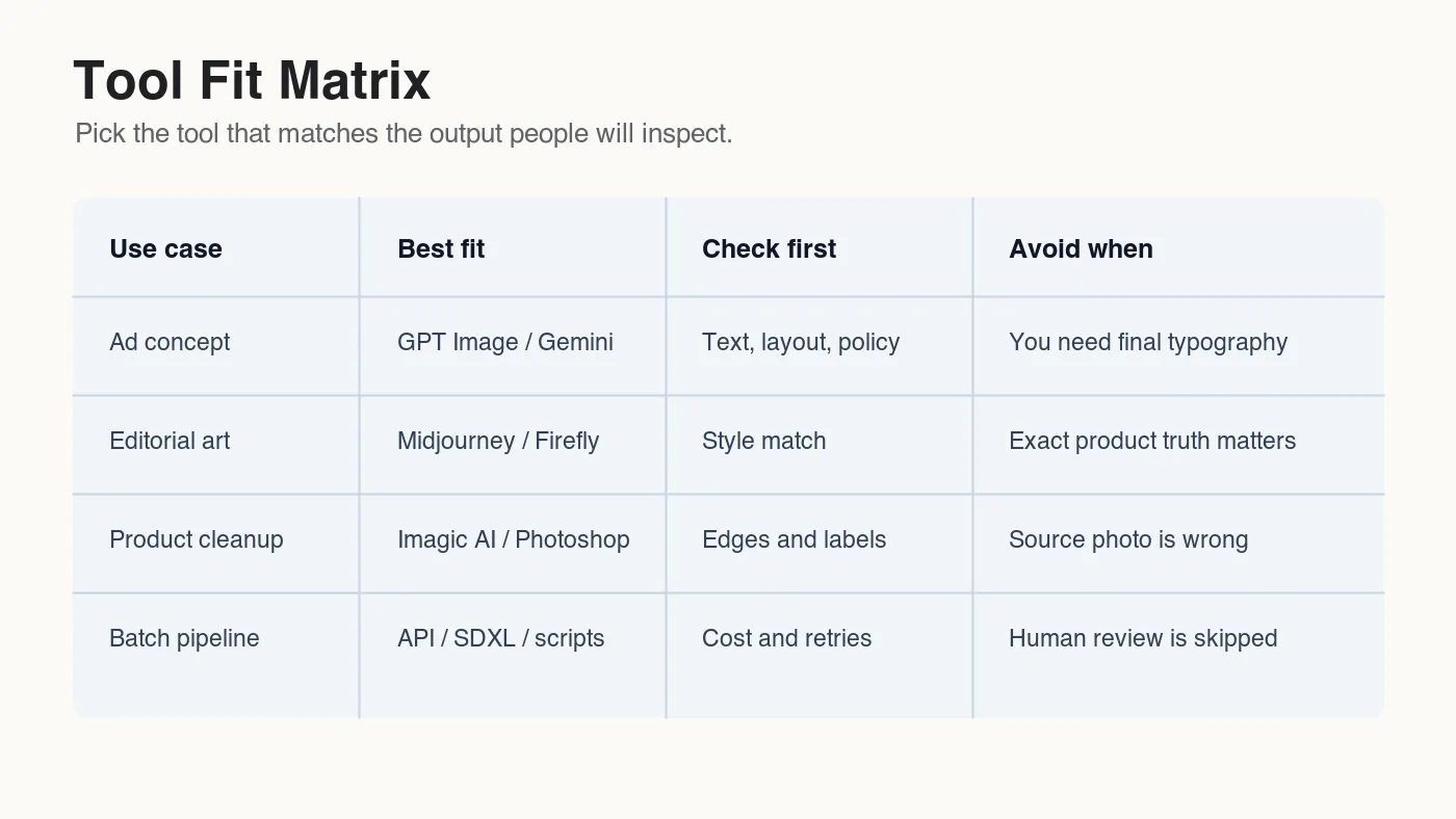 Matrix comparing AI image tool choices by use case, best fit, first check, and avoid condition