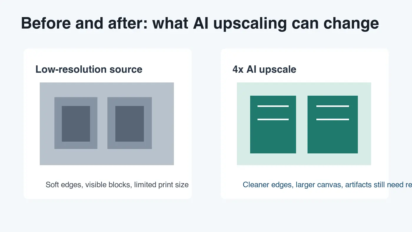Side-by-side comparison graphic showing a soft low-resolution source and a cleaner 4x AI-upscaled output