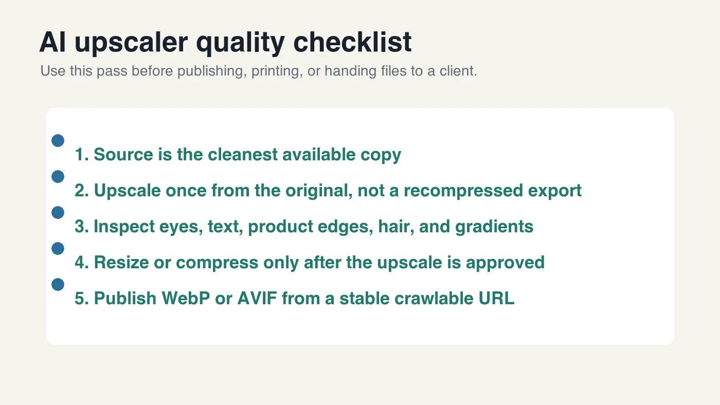 Checklist graphic listing source, single-pass upscaling, artifact review, compression, and CDN publishing checks