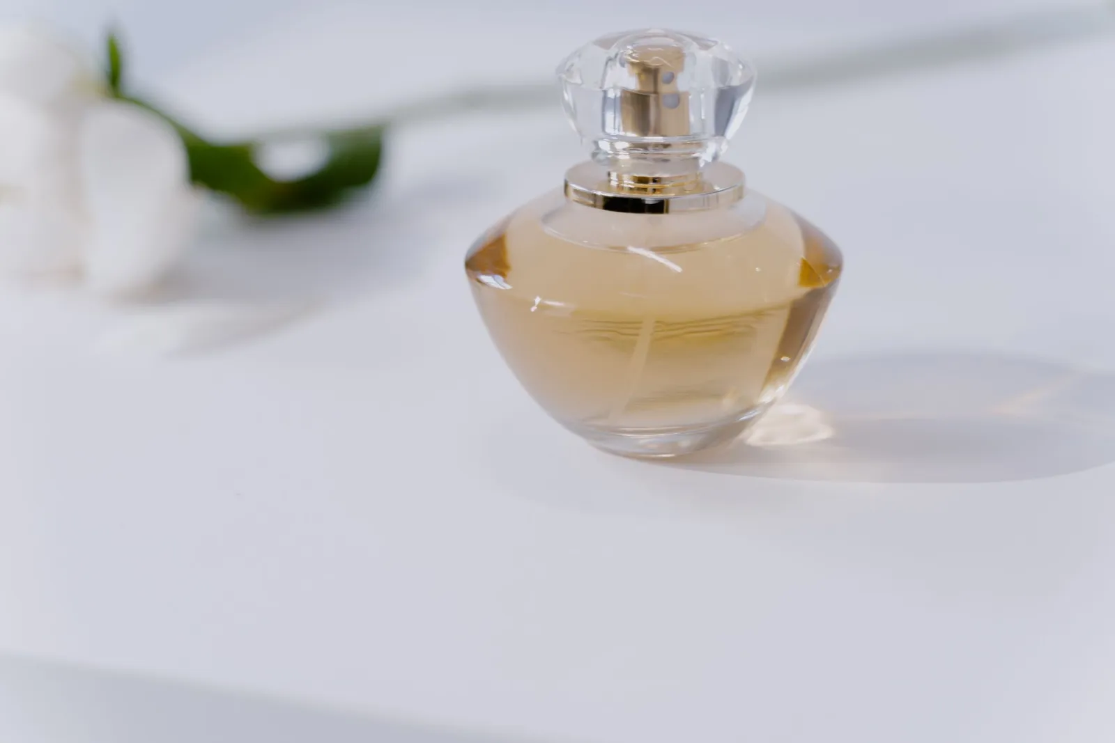 A perfume bottle placed on a clean minimalist white background for a product listing