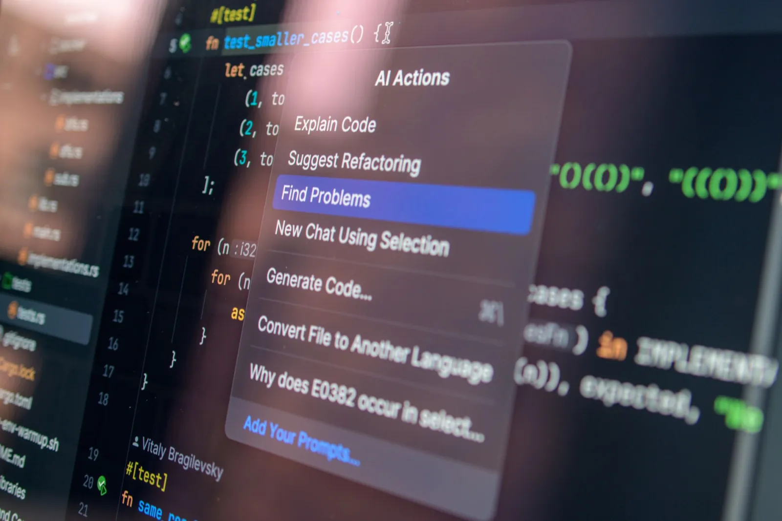 Code editor showing an AI Actions menu with Suggest Refactoring, Explain Code, and Find Problems options
