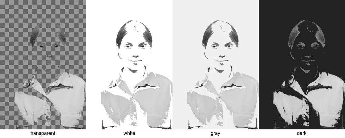 One transparent portrait cutout placed on transparent, white, gray, and dark backdrops