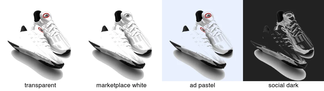 The same shoe cutout placed on transparent, marketplace white, a pastel ad background, and a dark social background