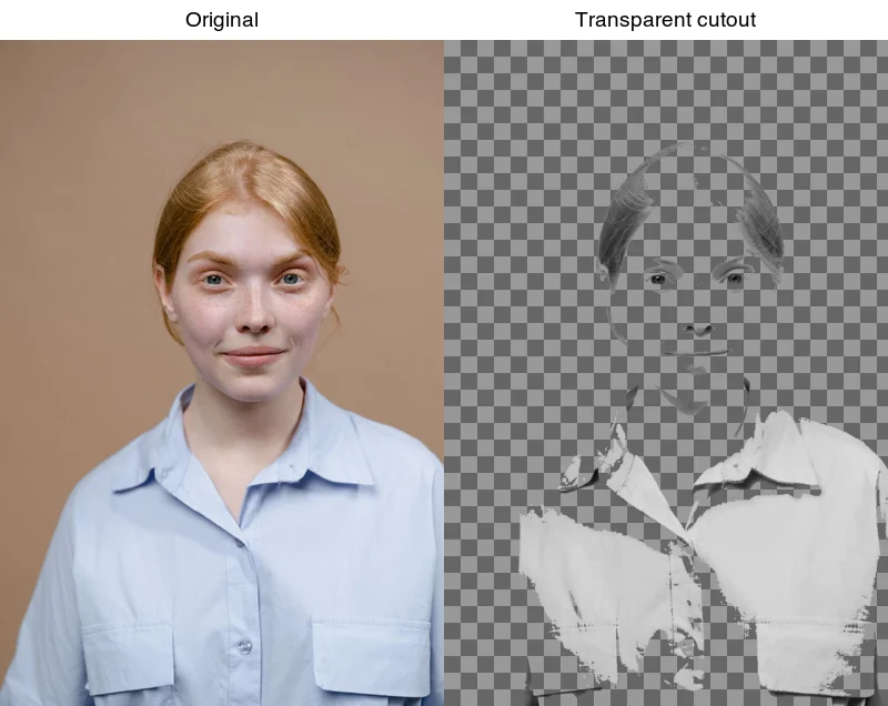 A portrait on a plain background next to the same subject as a transparent cutout on a checkerboard