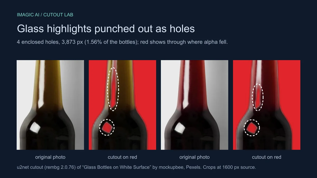 Glass bottles original vs cutout on red: four highlights on the necks and shoulders were punched out as holes