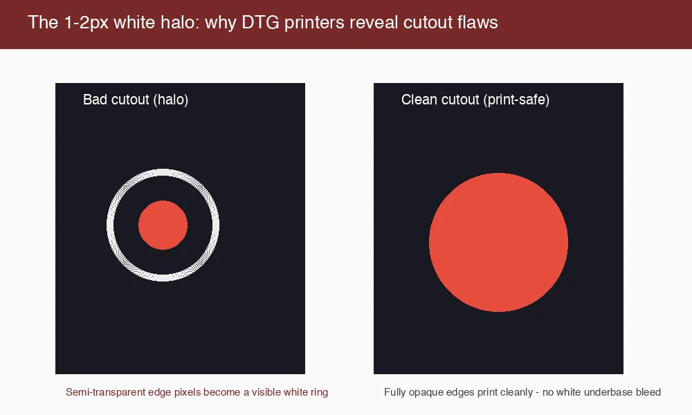 Diagram of the white halo problem that ruins dark-garment print-on-demand cutouts