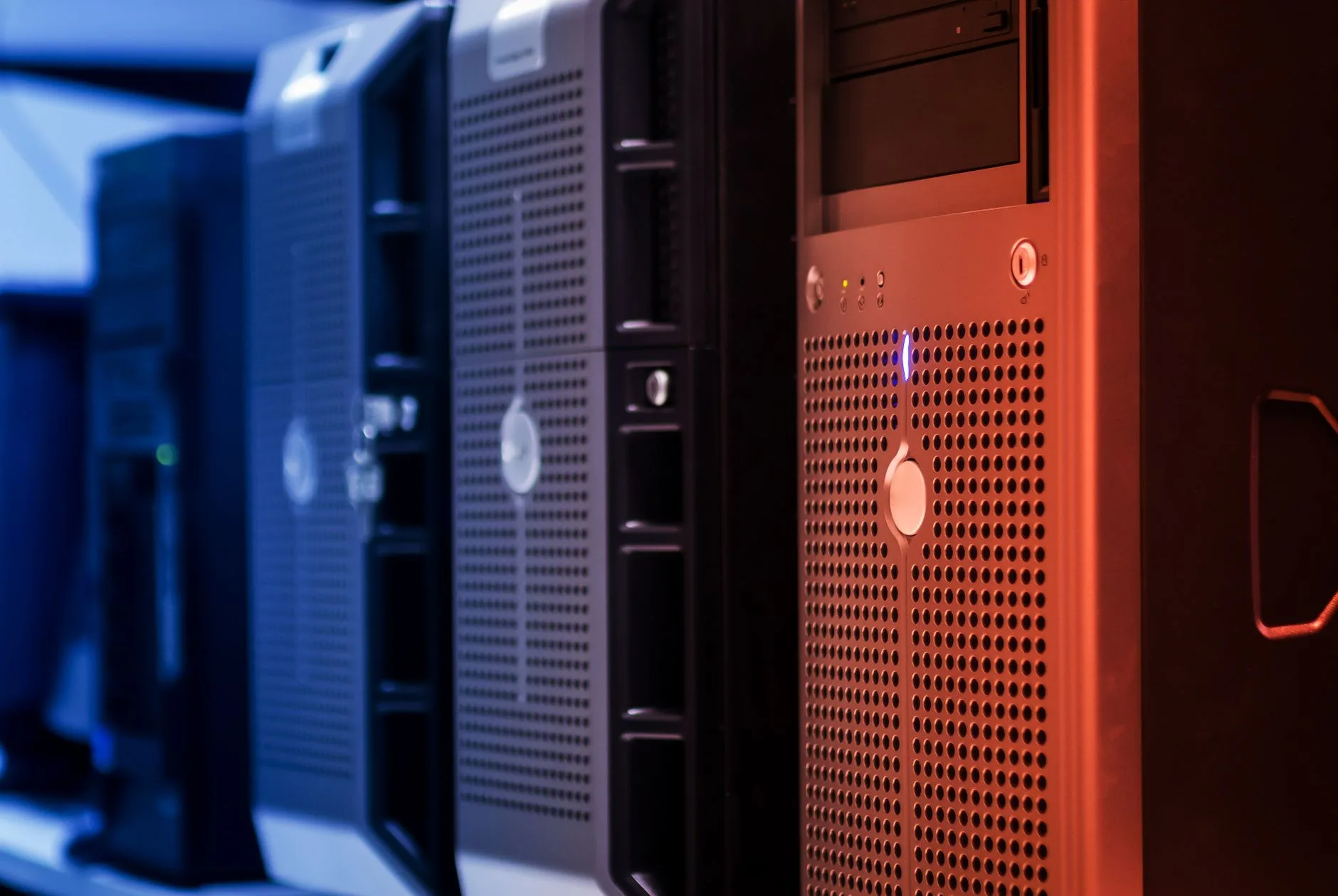 Rows of tower servers in a data center, representing remote MCP servers hosted by vendors