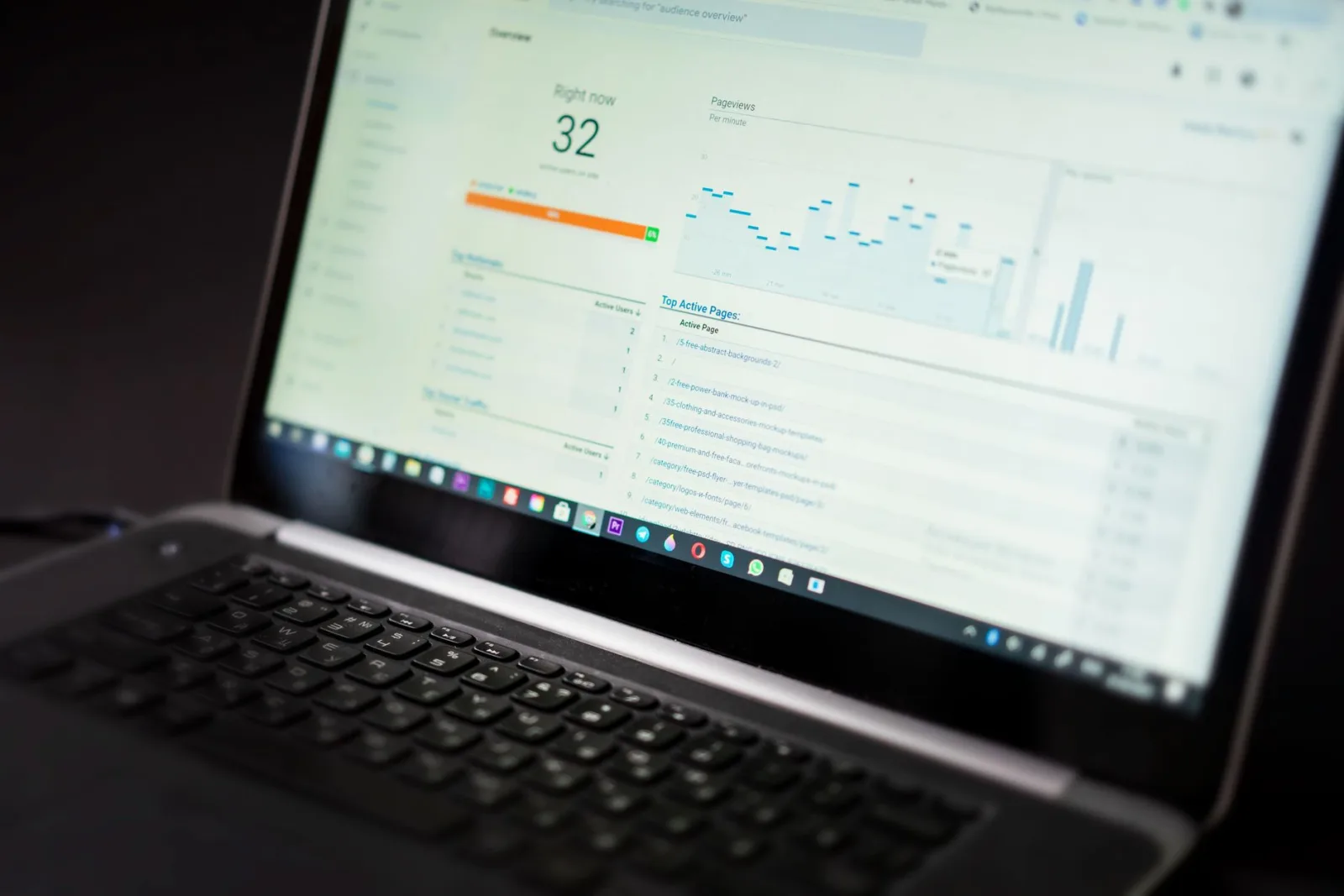 A laptop displaying an analytics dashboard, the performance view optimization aims to improve