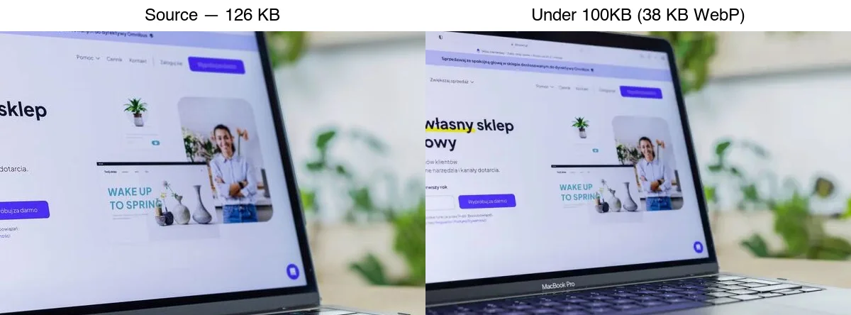 Source 126 KB next to the under-100KB WebP result (38 KB): the target is reachable with little visible loss when you resize first
