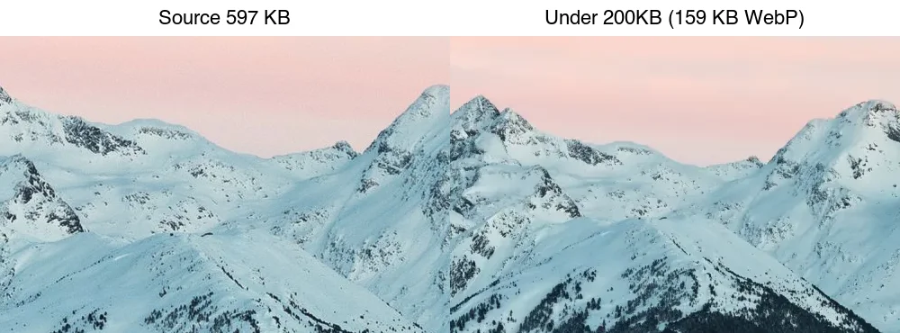 Source 597 KB next to the under-200KB WebP result (159 KB): resize + format switch is what reaches the target