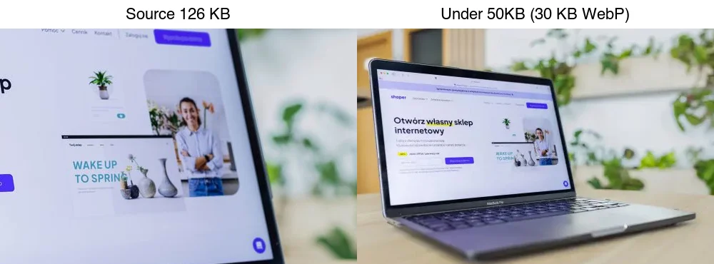 Source 126 KB next to the under-50KB WebP result (15 KB): at thumbnail display size the result looks clean