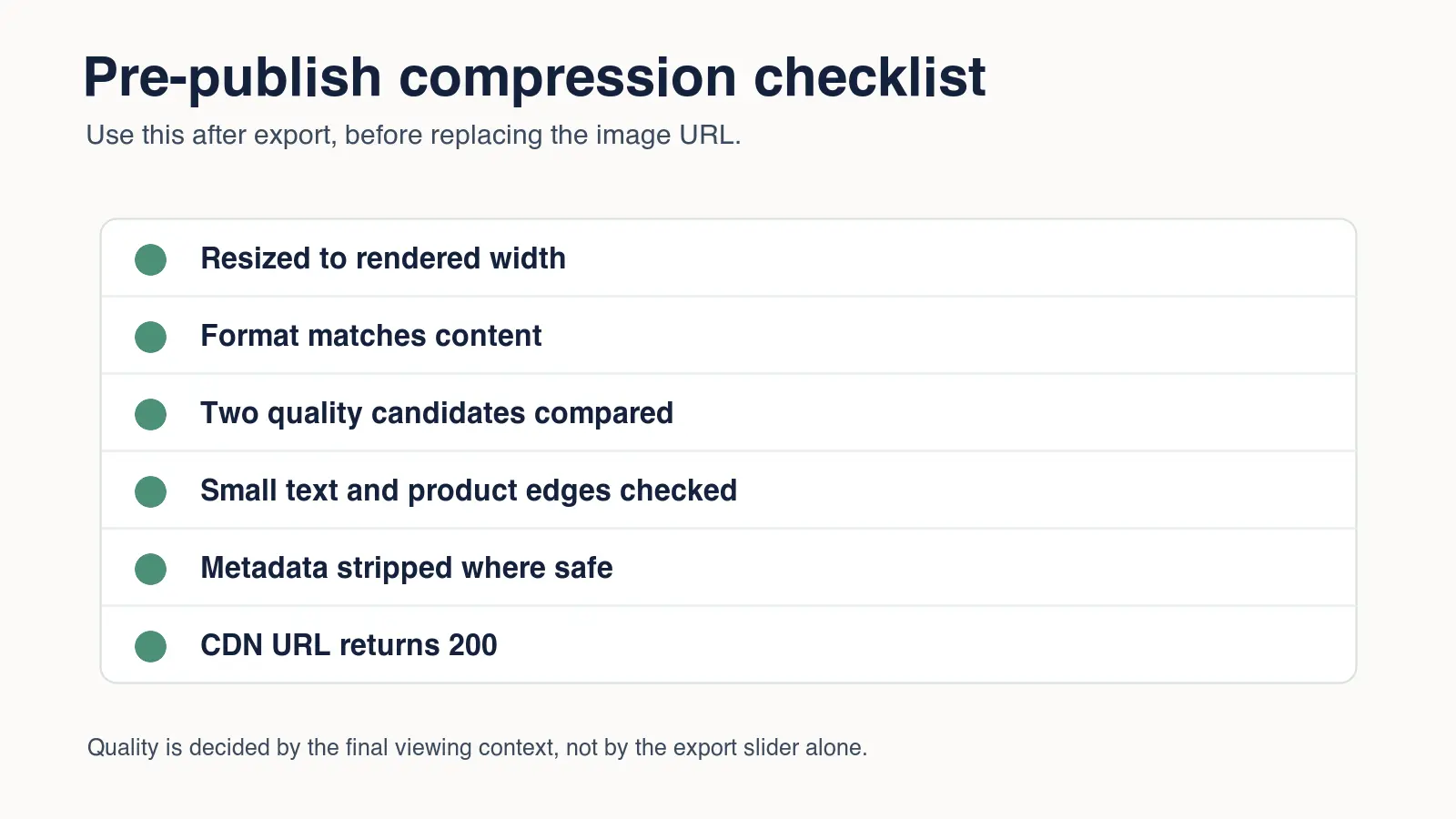 Checklist graphic with six pre-publish checks: resize, format, candidates, visual details, metadata, and CDN status