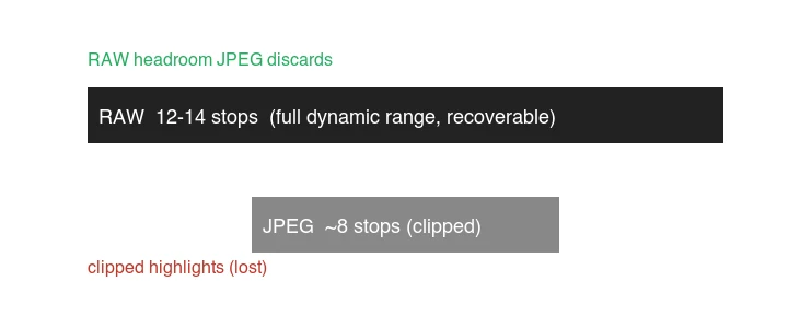 Dynamic range diagram: RAW captures 12-14 stops with recoverable headroom; JPEG captures about 8 stops, clipped at both ends