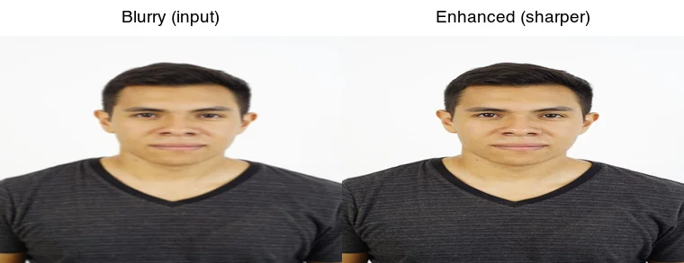 Blurry portrait (input) next to the enhanced, sharper version (output)