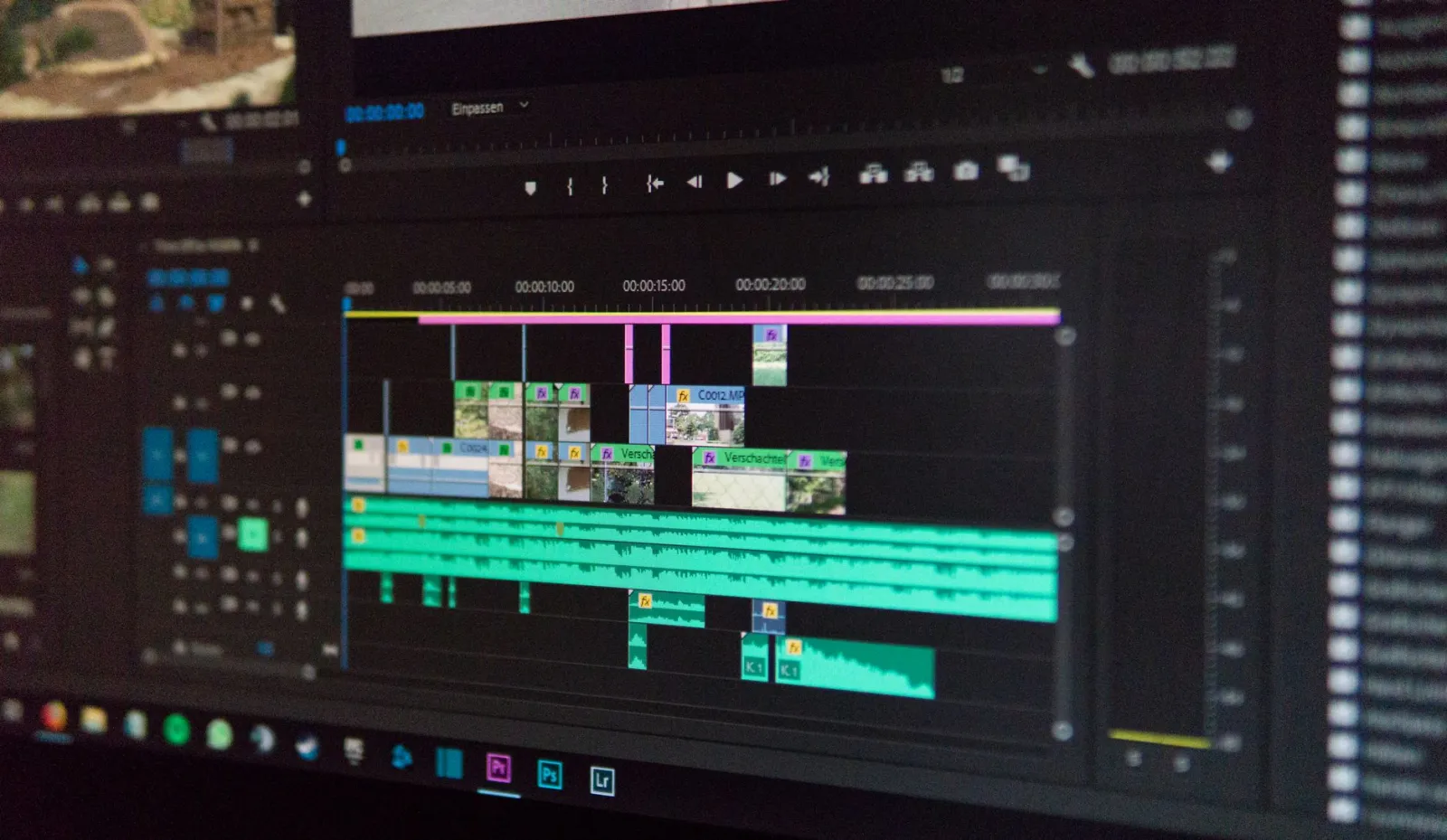 Close-up of a video editing timeline interface showing professional image editing software with multiple processing steps