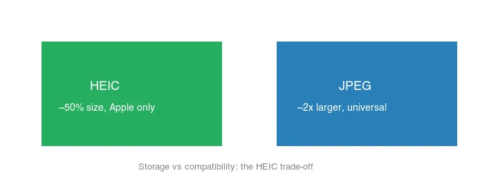 HEIC: ~50% size but Apple-only support. JPEG: ~2x larger but universal support
