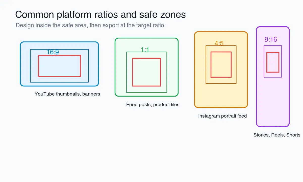 Common platform ratios including 16:9, 1:1, 4:5, and 9:16 with red safe-zone boxes