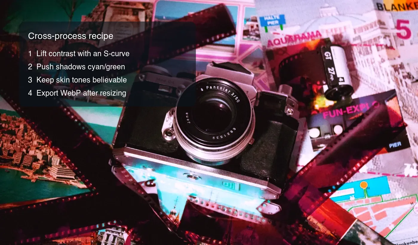 Vintage camera and travel film image with a four step cross process recipe overlay