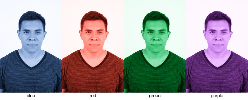 Duotone color pairs: blue, red, green, and purple tints on the same photo
