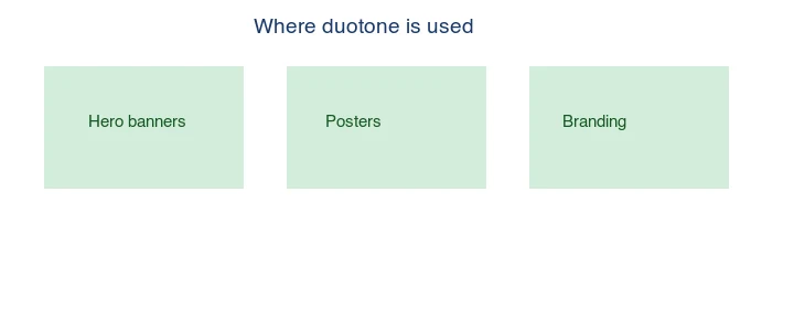 Duotone is used for hero banners, posters, and branding where a unified color mood matters