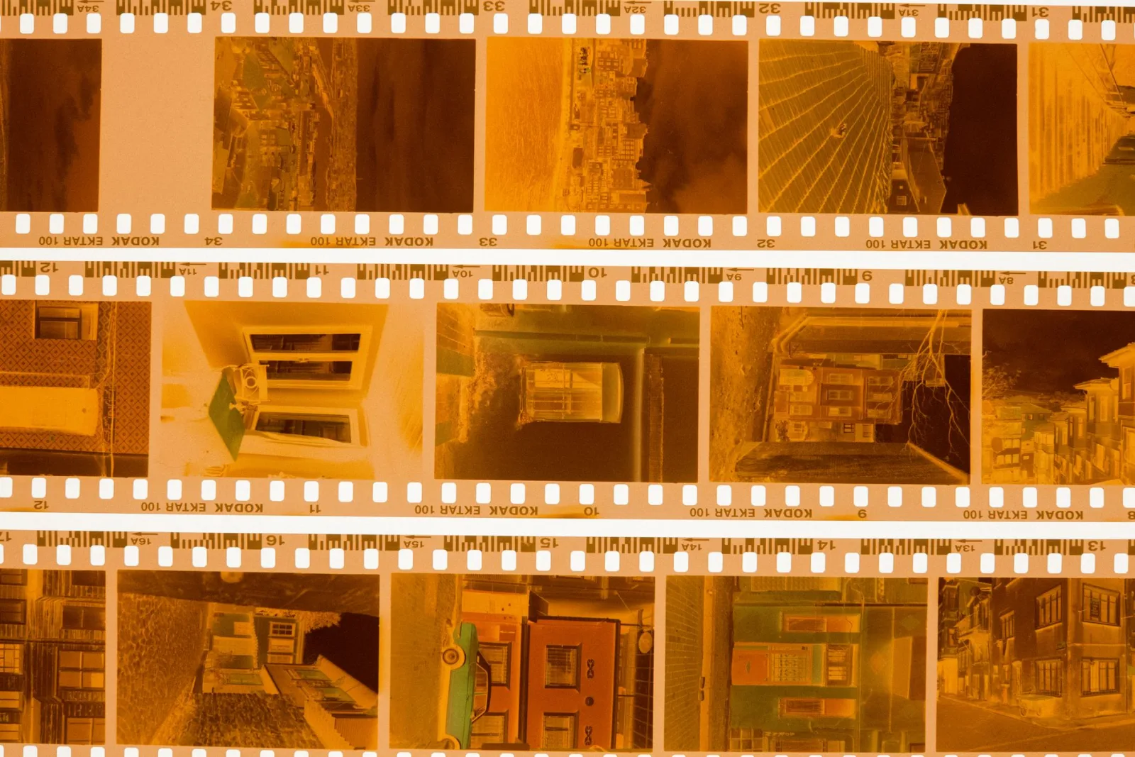 Close-up of Kodak film negatives, the look full inversion mimics