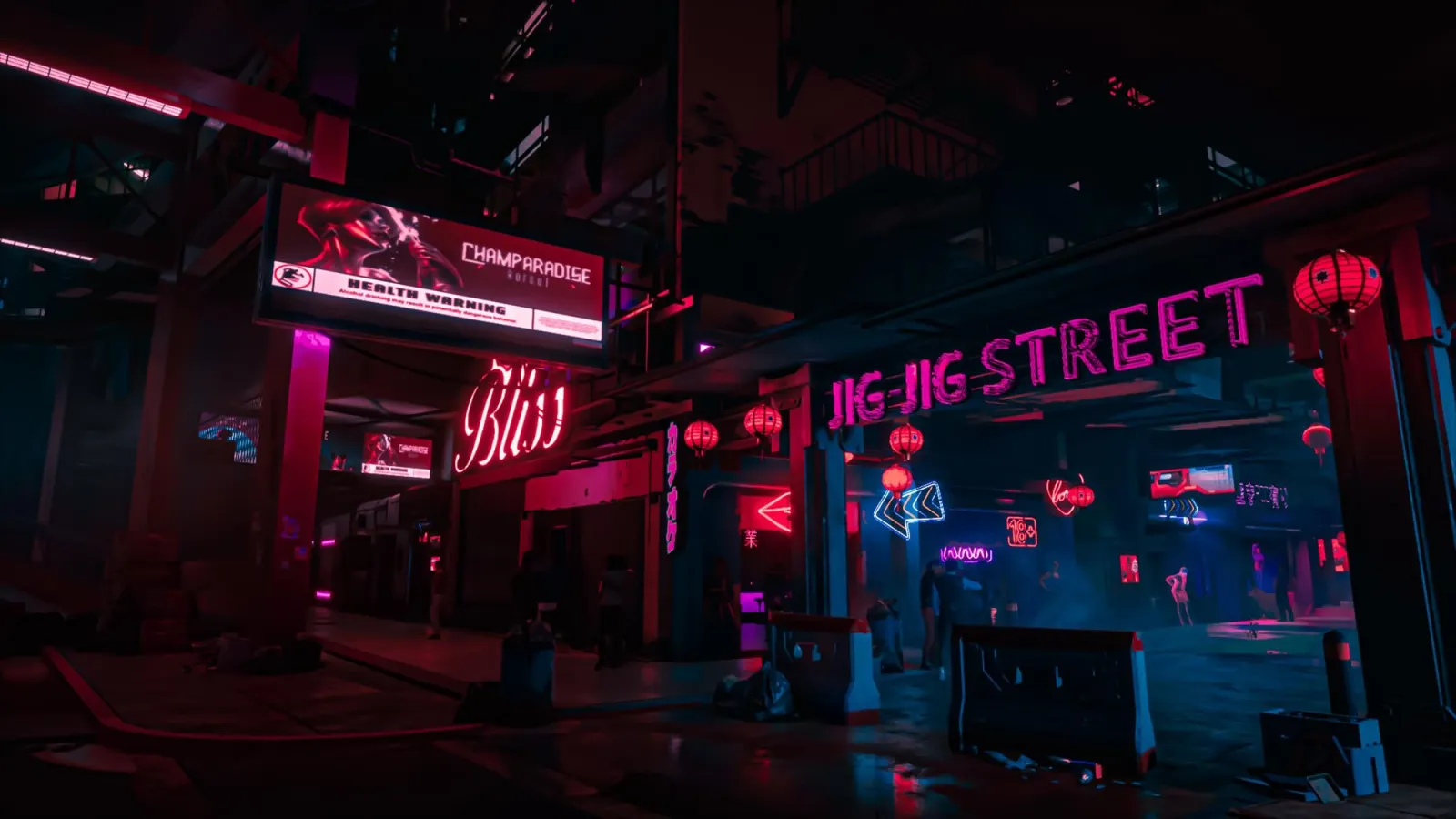 Neon-lit city alley with blue and magenta lights, useful for choosing a two-color glow direction