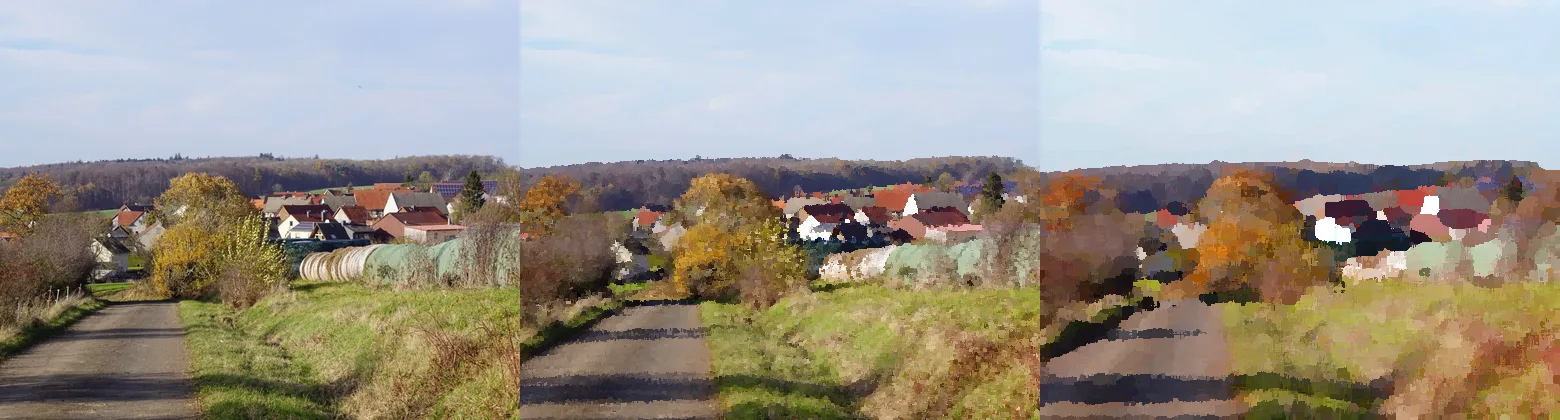 Village landscape shown as original, subtle oil effect, and stronger oil effect to compare brush scale decisions