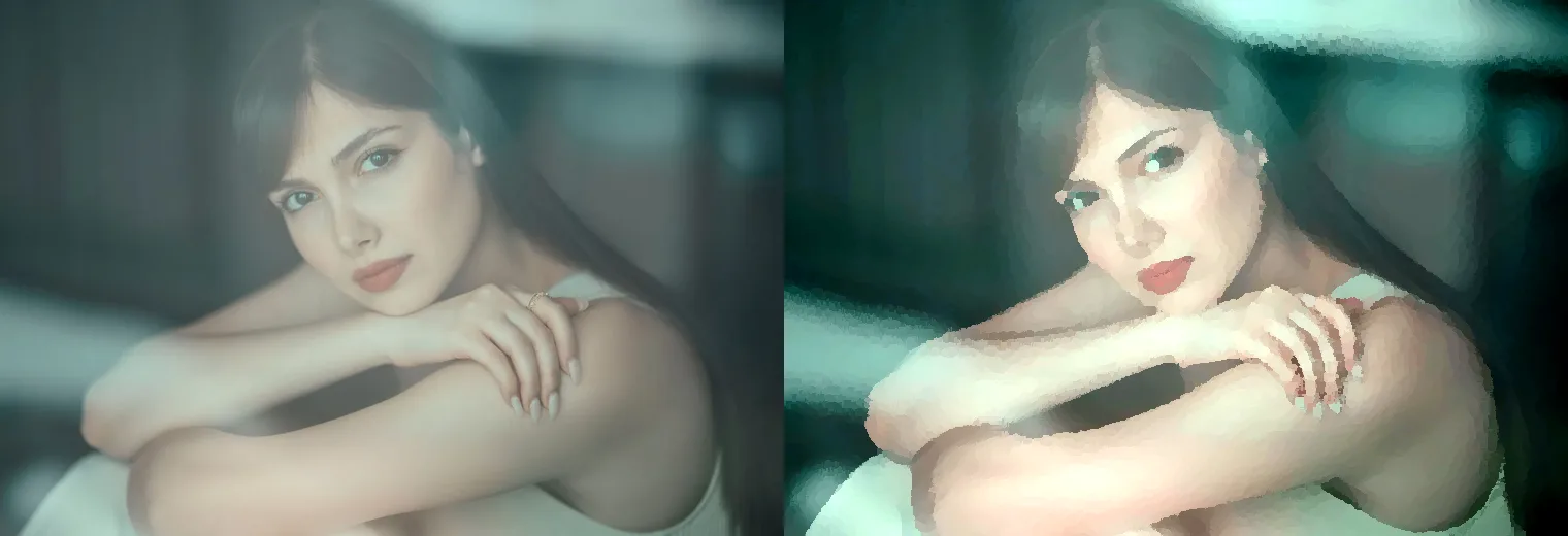 Portrait shown before and after a medium oil-painting effect, with the face preserved enough to remain recognizable
