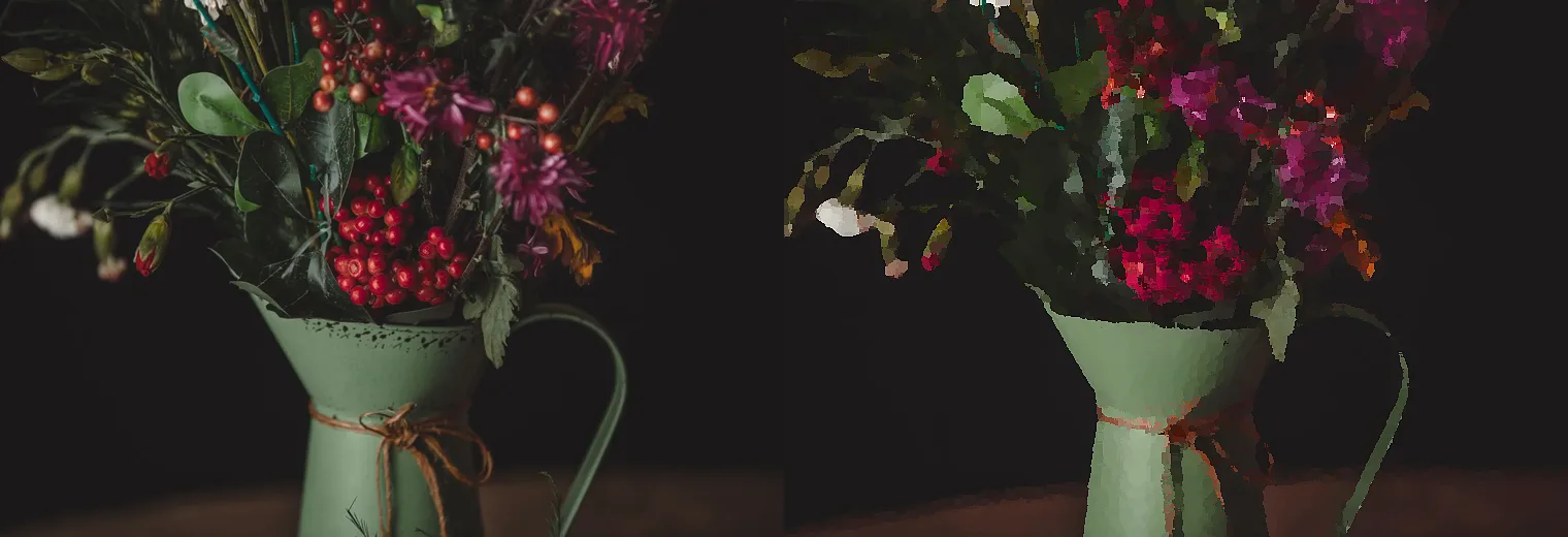 Still life flowers shown before and after an oil-painting effect, useful for checking dark color and export quality