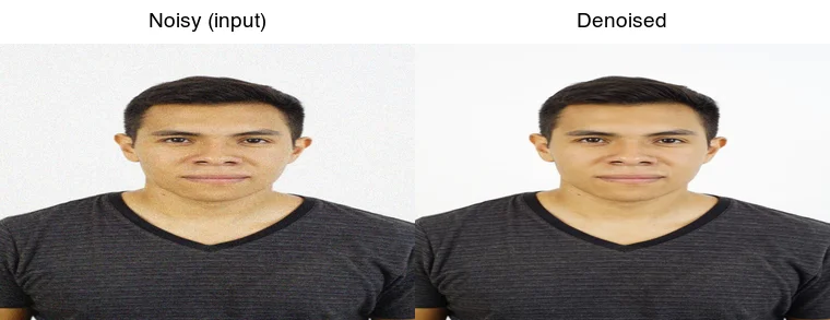 Noisy portrait (input) next to the denoised version (output): AI removes grain but watch for over-smoothing