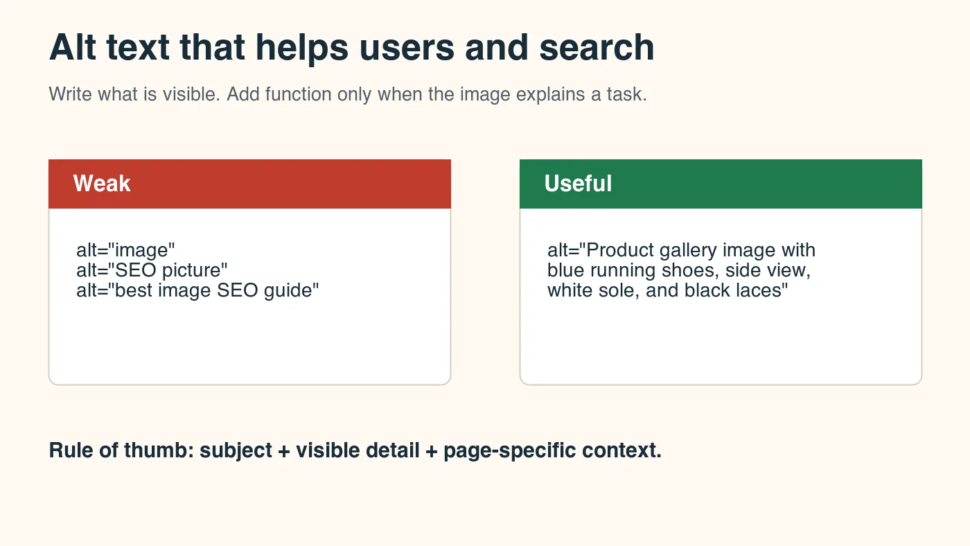 Examples contrasting weak alt text with a specific product-photo alt description