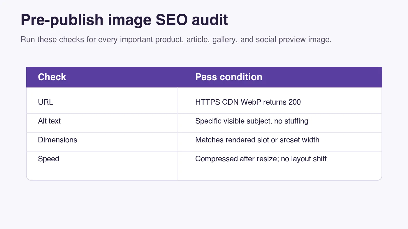 Checklist table for auditing image URL, alt text, dimensions, and speed before publishing
