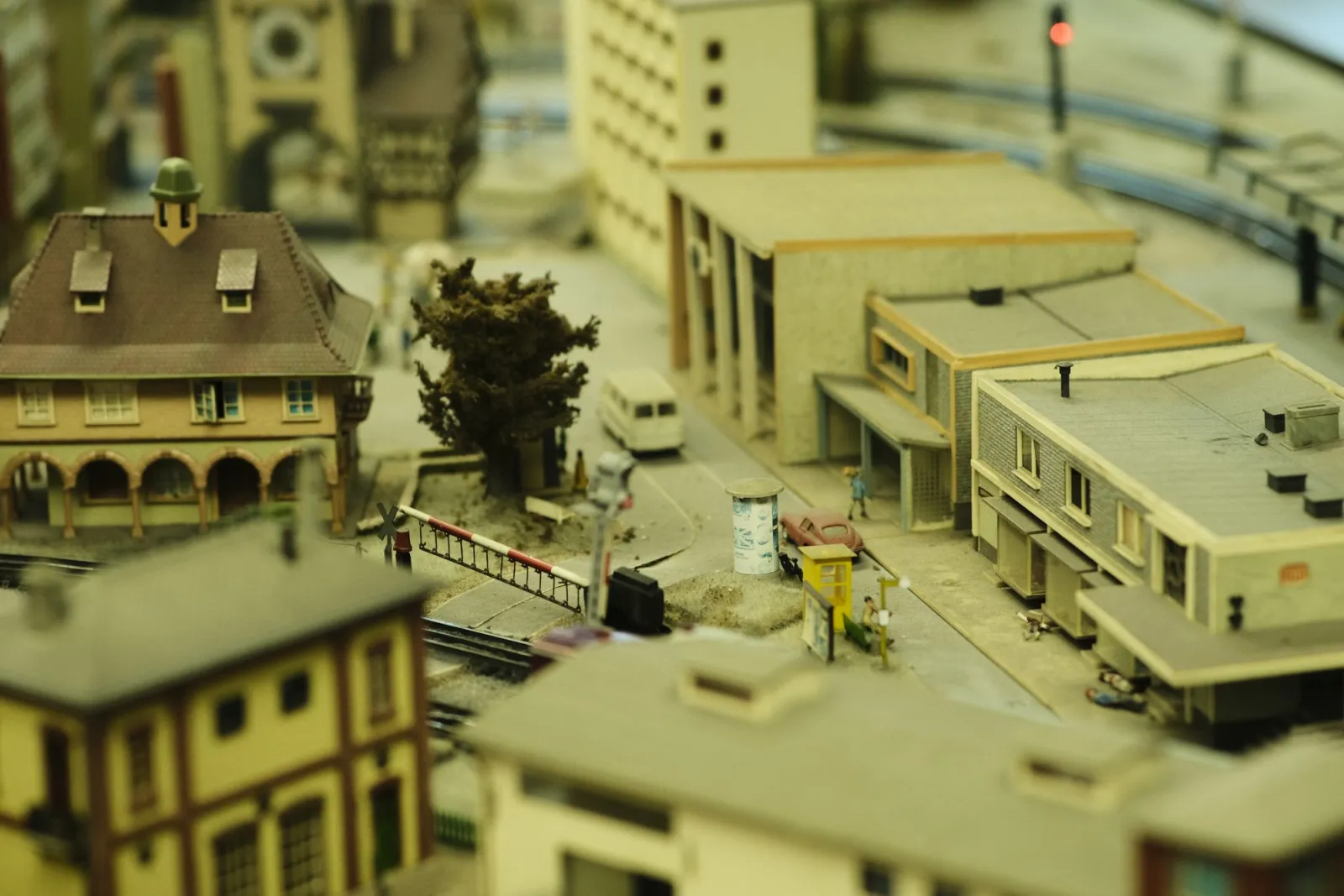 Detailed miniature model town with buildings and a railway track