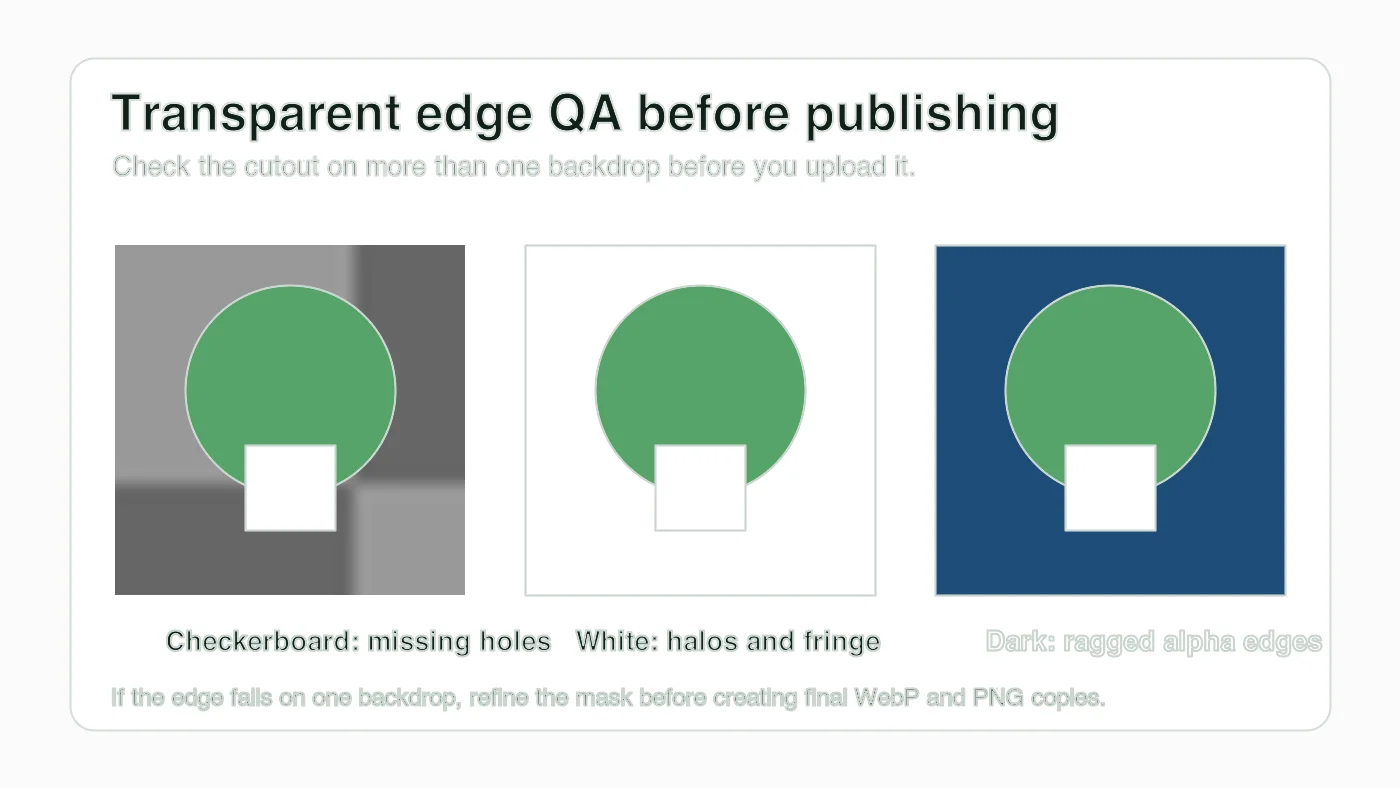 Quality assurance graphic showing the same transparent cutout checked on checkerboard, white, and dark backgrounds