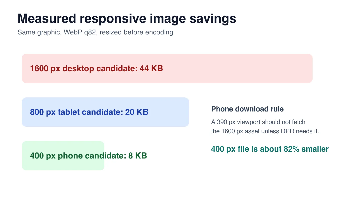 Measured responsive WebP file sizes for the same image at 1600 px, 800 px, and 400 px widths