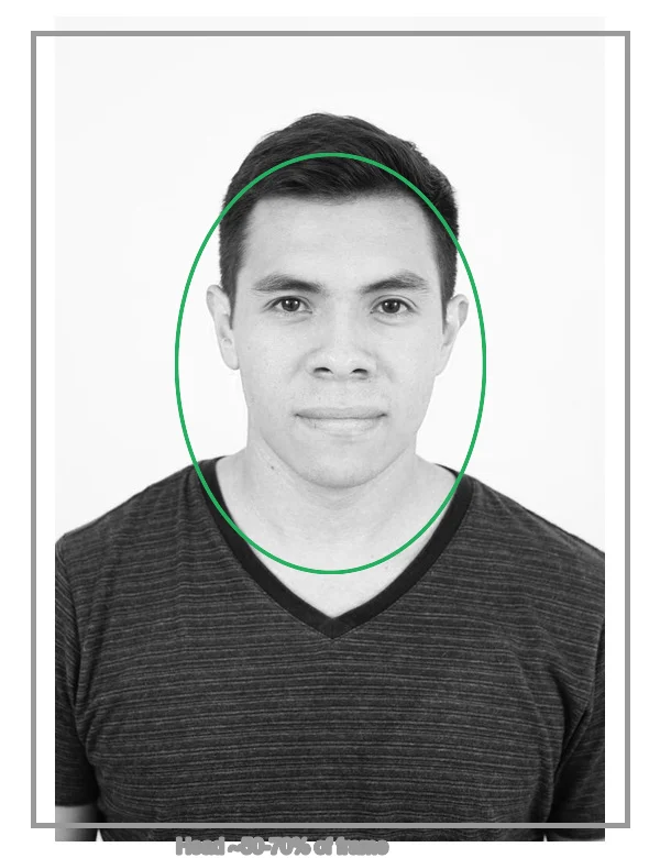Passport photo composition guide: head filling about 50-70% of the frame, centered, plain white background